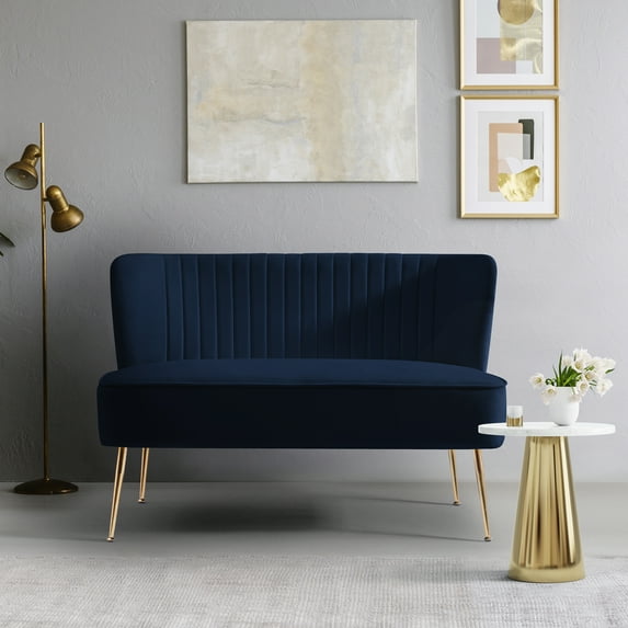 Costaelm Alaia 46" Wide Upholstered Velvet Love Seat Sofa, Navy Blue