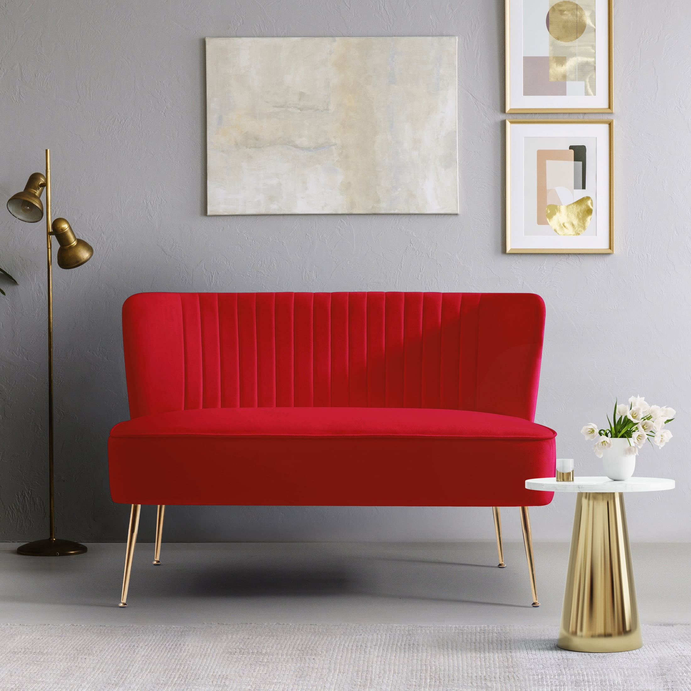 Costaelm Alaia 46" Wide Upholstered Velvet Love Seat Sofa, Red