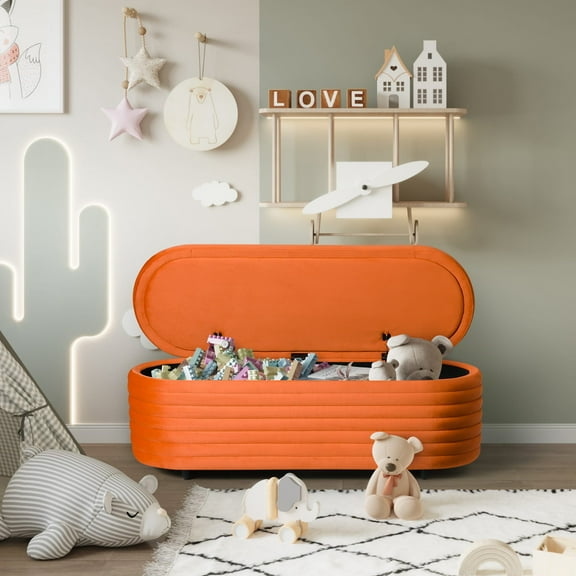 Costaelm Alaia 54" Wide Mid-Century Modern Upholstered Velvet Oval Storage Ottoman Bench, Orange