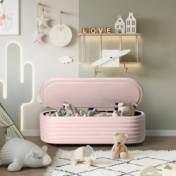 Costaelm Alaia 54" Wide Mid-Century Modern Upholstered Velvet Oval Storage Ottoman Bench, Pink