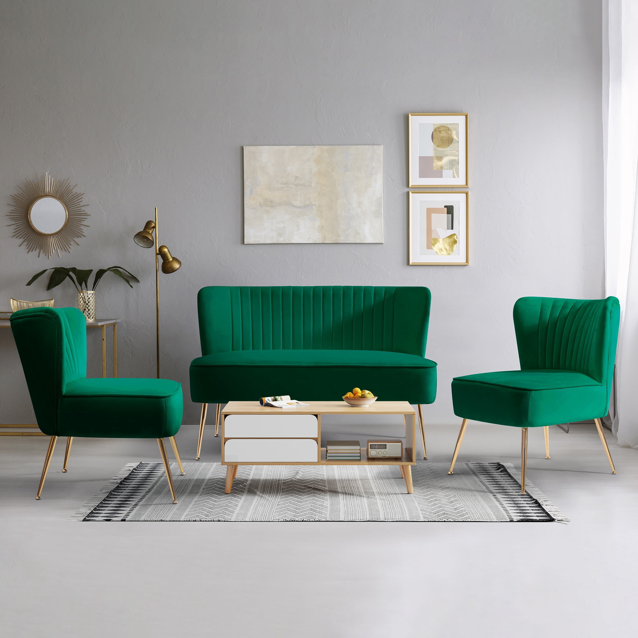 Costaelm Alaia Mid Century Modern Upholstered Tufted Velvet Loveseat Sofa and 22" Accent Chair 3-Piece Set, Green