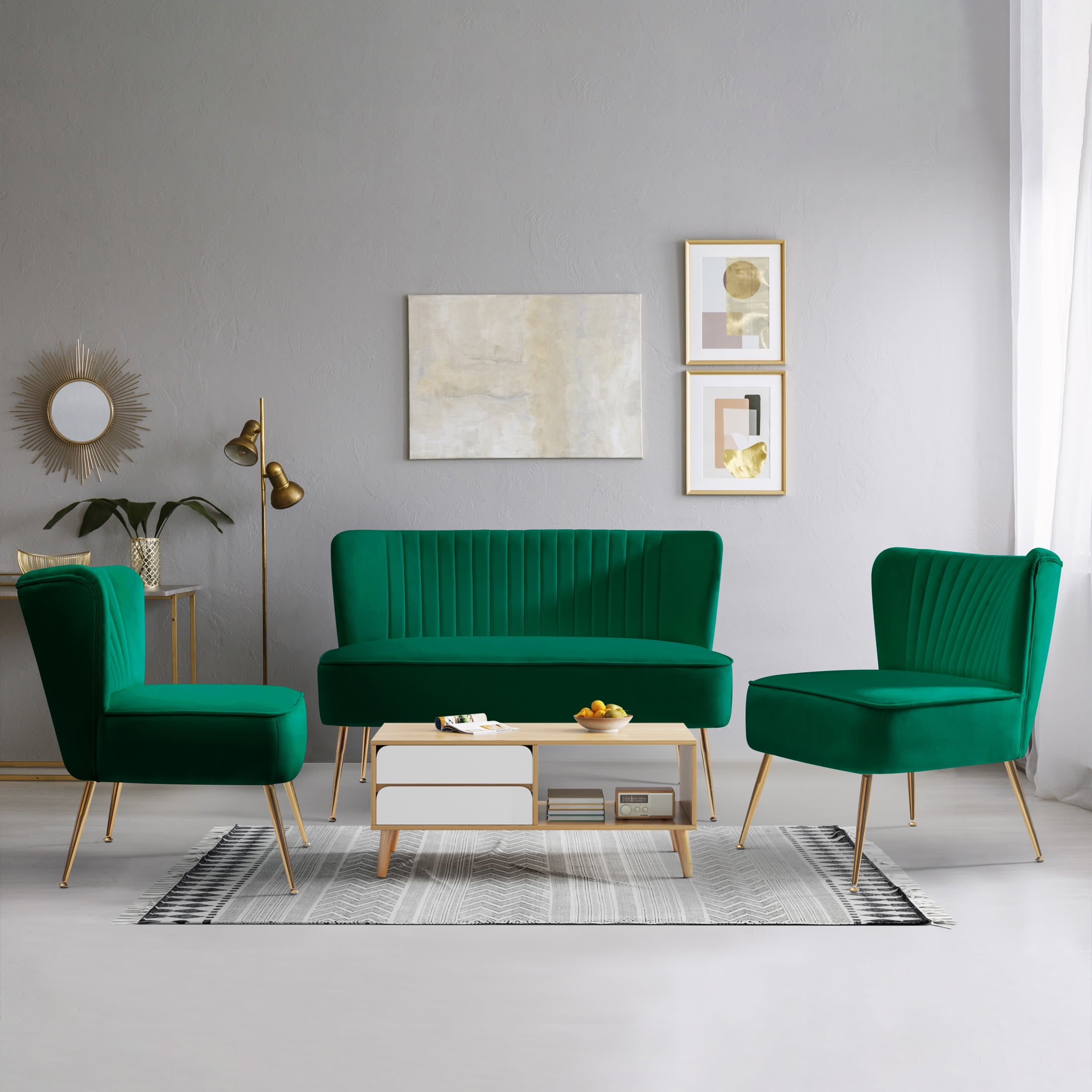 Costaelm Alaia Mid Century Modern Upholstered Tufted Velvet Loveseat Sofa and 25" Accent Chair 3-Piece Set, Green