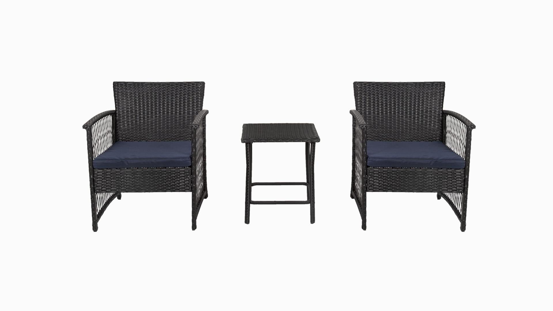 Black Woven Rattan 3-Piece Outdoor Seating Set with Navy Cushions