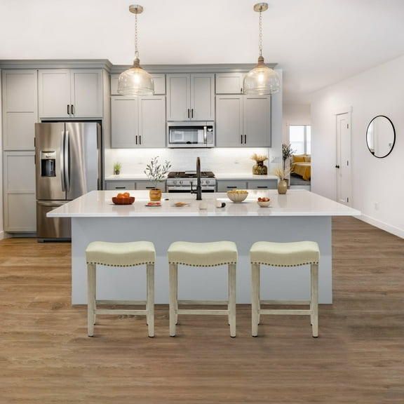 Costaelm Bulmon 24" Upholstered Antique Gray Counter Stools With Nail Head Trim (Set of 3), Beige