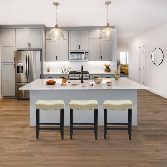 Costaelm Bulmon 24" Upholstered Black Counter Stools With Nail Head Trim (Set of 3), Beige