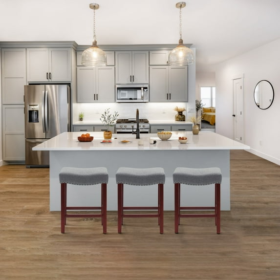 Costaelm Bulmon 24" Upholstered Cherry Counter Stools With Nail Head Trim (Set of 3), Gray