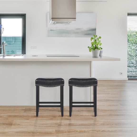 Costaelm Bulmon 24" Upholstered Counter Stool with Nail Head Trim, Black/Leather