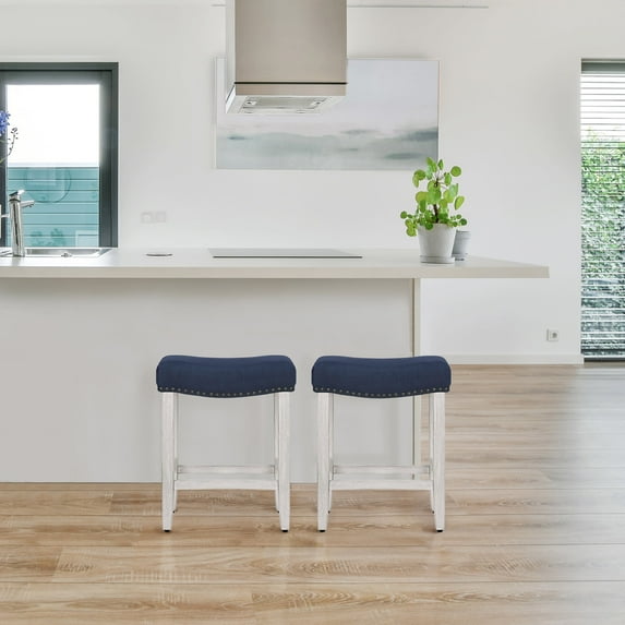 Costaelm Bulmon 24" Upholstered Counter Stools with Nail Head Trim (Set of 2), White/Navy Blue