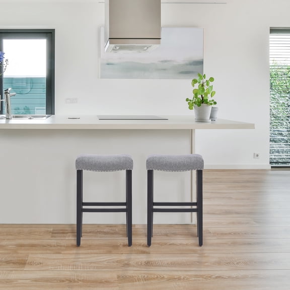 Costaelm Bulmon 29" Upholstered Bar Stool with Nail Head Trim, Black/Gray