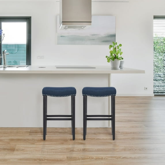 Costaelm Bulmon 29" Upholstered Bar Stool with Nail Head Trim, Black/Navy Blue