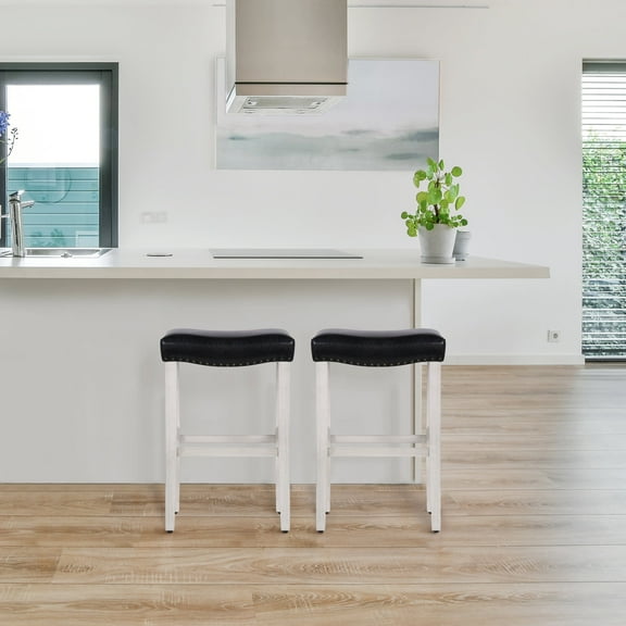 Costaelm Bulmon 29" Upholstered Bar Stool with Nail Head Trim, White/Black Leather