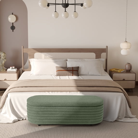 Costaelm Celine 54" Wide Mid-Century Modern Upholstered Sherpa Oval Storage Ottoman Bench, Ice Green
