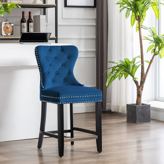 Costaelm Hank 24" Tufted Velvet Counter Stool Black Legs, Velvet Royal Blue