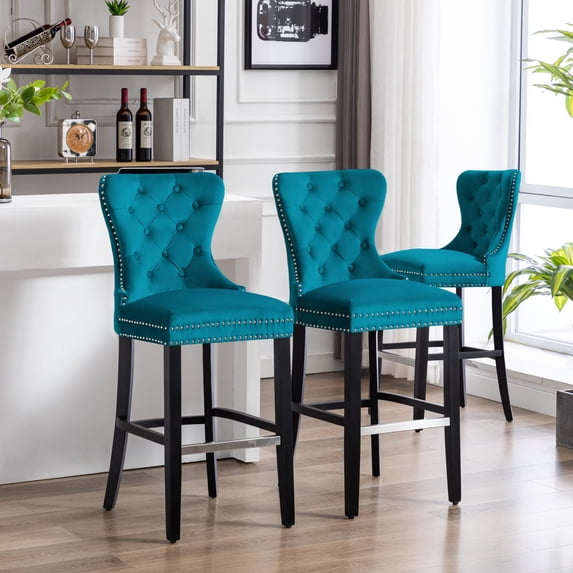 Costaelm Hank 29" Tufted Velvet Bar Stool Black (Set of 3), Velvet Teal