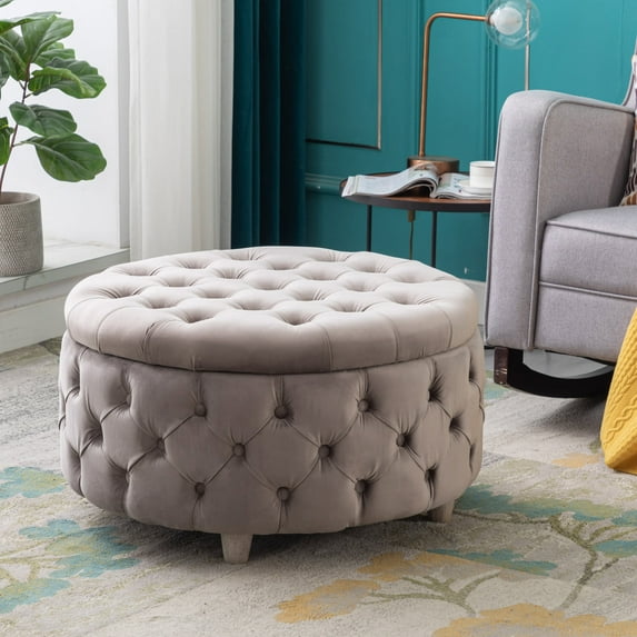 Costaelm Hank Round 29.5" Velvet Tufted Storage Ottoman, Gray