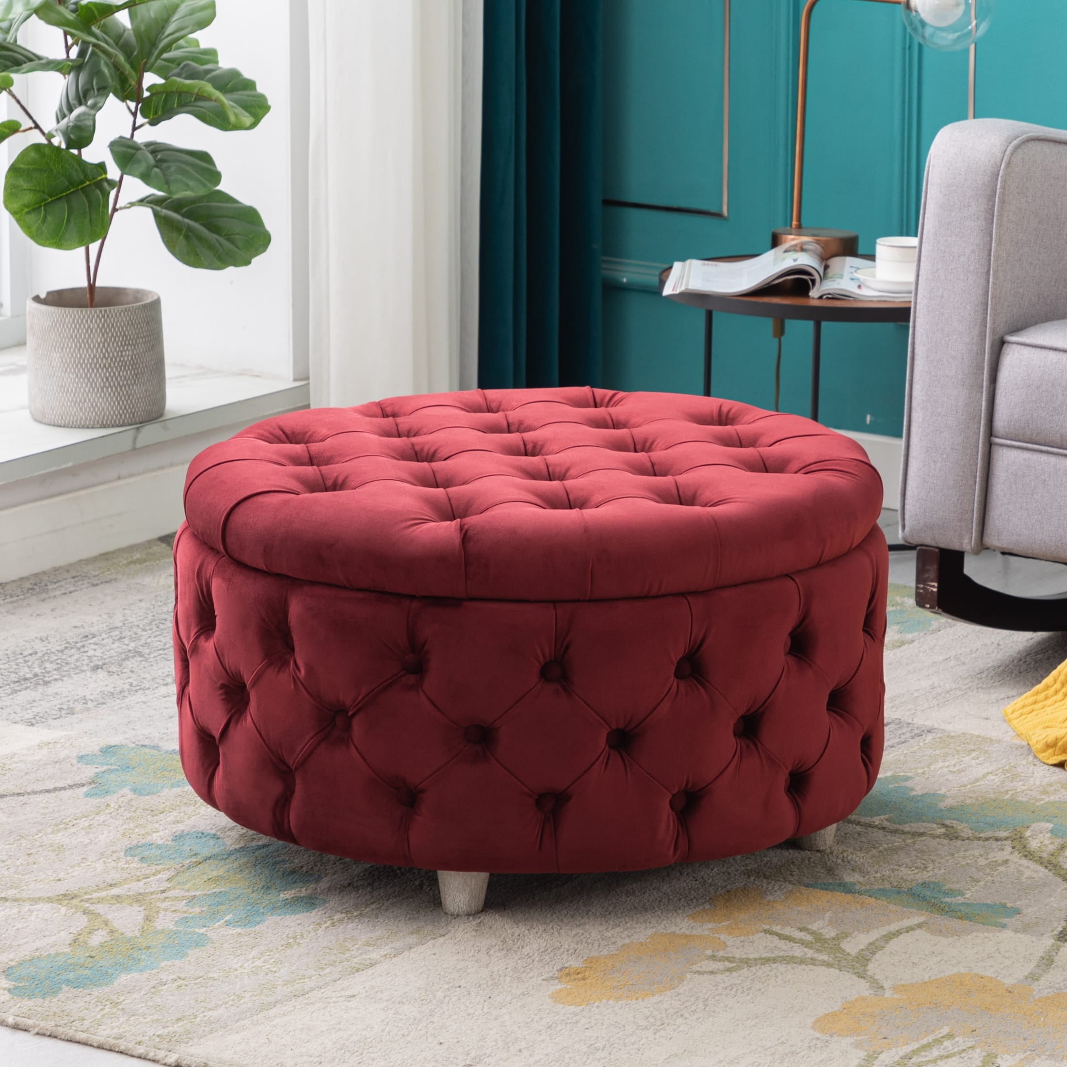 Costaelm Hank Round 29.5 Velvet Tufted Storage Ottoman Red