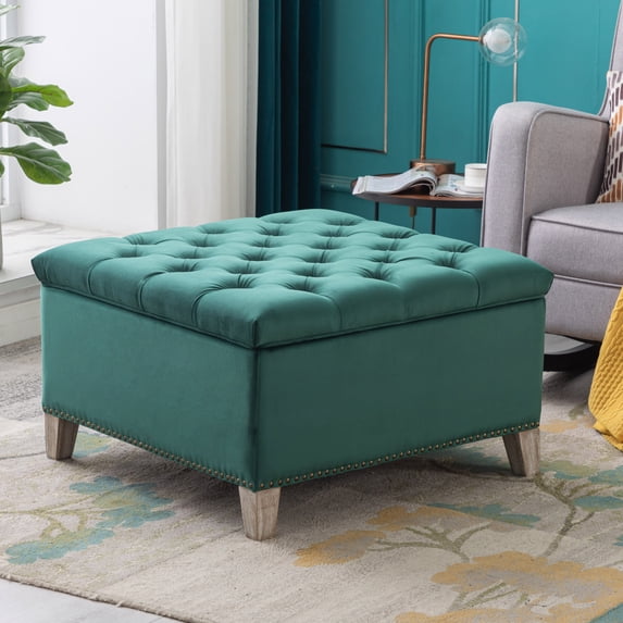 Costaelm Hank Square 29.5" Velvet Tufted Storage Ottoman, Dark Green