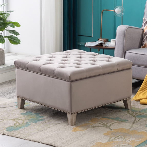 Costaelm Hank Square 29.5" Velvet Tufted Storage Ottoman, Gray