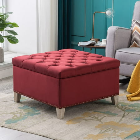 Costaelm Hank Square 29.5" Velvet Tufted Storage Ottoman, Red