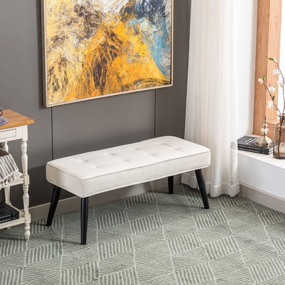 Costaelm Hank Tufted Velvet Upholstered Bench, Velvet Cream