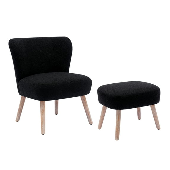 Costaelm Mid-Century Boucle Accent Chair with Ottoman Foot Stool Set, Black