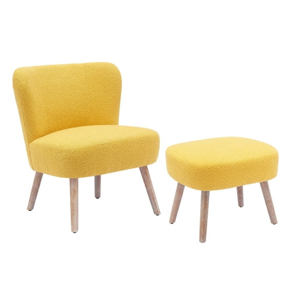 Costaelm Mid-Century Boucle Accent Chair with Ottoman Foot Stool Set, Mustard