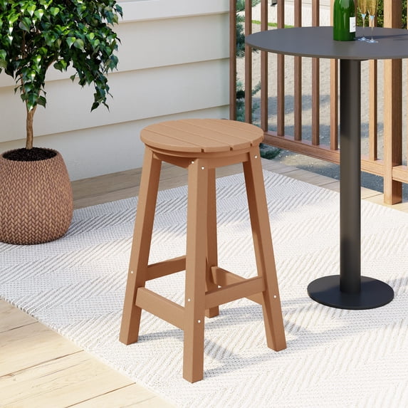 Costaelm Paradise 24" HDPE Round Outdoor Patio Counter Height Bar Stool, Teak