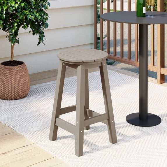 Costaelm Paradise 24" HDPE Round Outdoor Patio Counter Height Bar Stool, Weathered Wood
