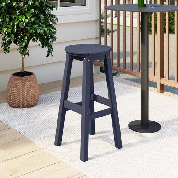 Costaelm Paradise 29" HDPE Round Outdoor Patio Bar Stool, Navy Blue