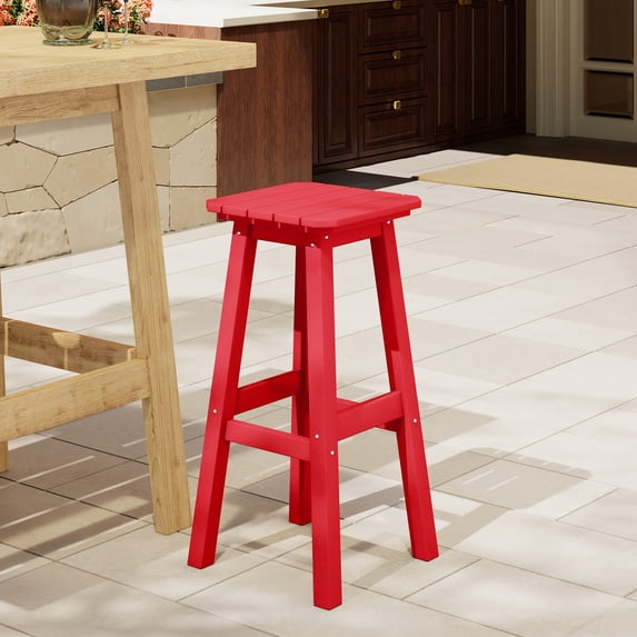 Costaelm Paradise 29" Outdoor Patio HDPE Square Backless Bar Stool, Red
