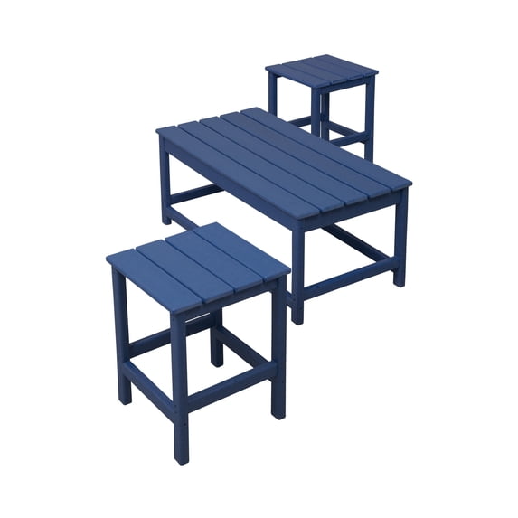 FADINGFREE 3-Piece Outdoor Table Set with Adirondack Style, 1 Outdoor Coffee Table and 2 Patio Side Table, Square, Navy Blue