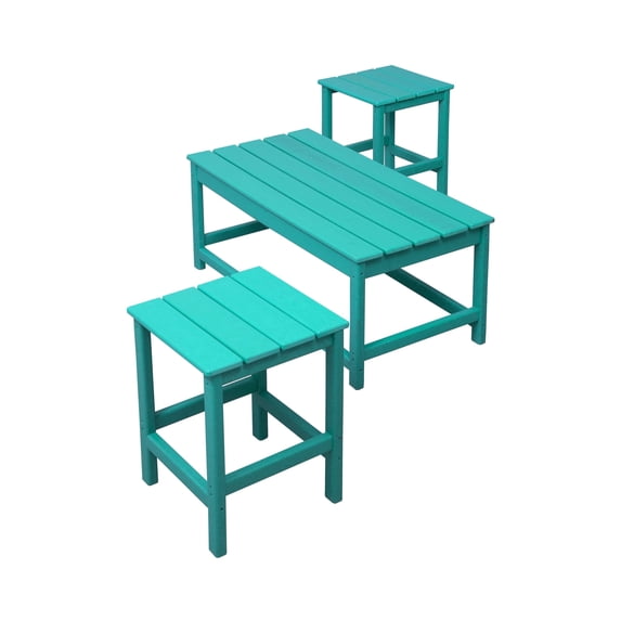 FADINGFREE 3-Piece Outdoor Table Set with Adirondack Style, 1 Outdoor Coffee Table and 2 Patio Side Table, Square, Turquoise
