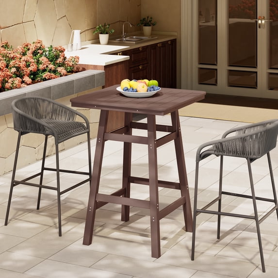CostaElm 30" Square Outdoor Bistro Table With Umbrella Hole, HDPE Patio Bar Table, Dark Brown