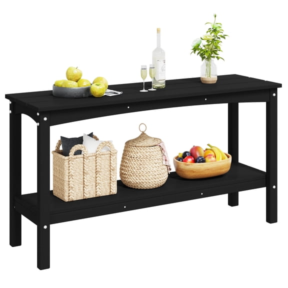 CostaElm 55" Outdoor Console Table, HDPE Adirondack Style Patio Table with 2-Tier Shelf, Black