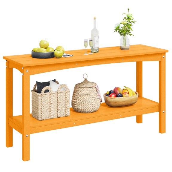 CostaElm 55" Outdoor Console Table, HDPE Adirondack Style Patio Table with 2-Tier Shelf, Orange