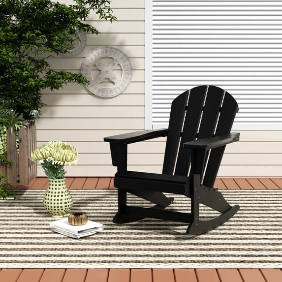 CostaElm Outdoor Patio Rocking Adirondack Chair, All-Weather HDPE Patio Rocker with Wide Armrests for Porch, Lawn & Garden, Black