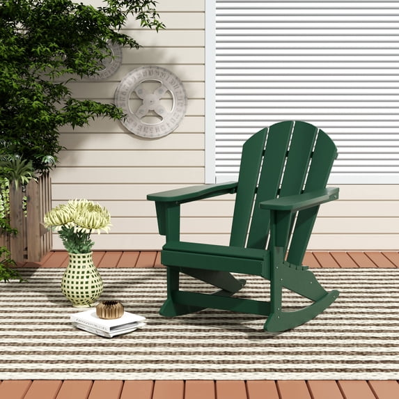 FADINGFREE Outdoor Patio Rocking Chair, All-Weather HDPE Patio Rocker with Wide Armrests for Porch, Lawn & Garden, Dark Green