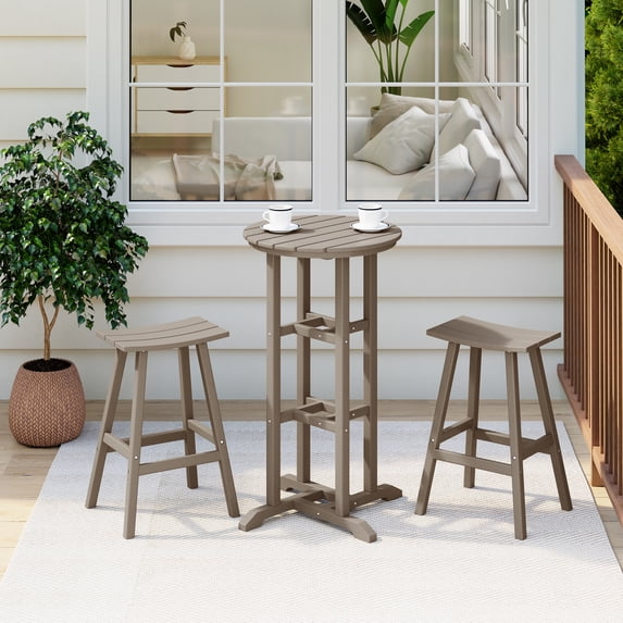 Costaelm Paradise Bar Height Outdoor Patio Table and Bar Stool 3-Piece Dining Set, Weathered Wood