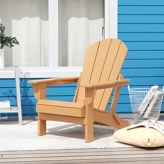 FADINGFREE Outdoor Folding Adirondack Chair, All-Weather & Space-Saving HDPE Chair for Patio, Poolside, Deck & Graden, Teak