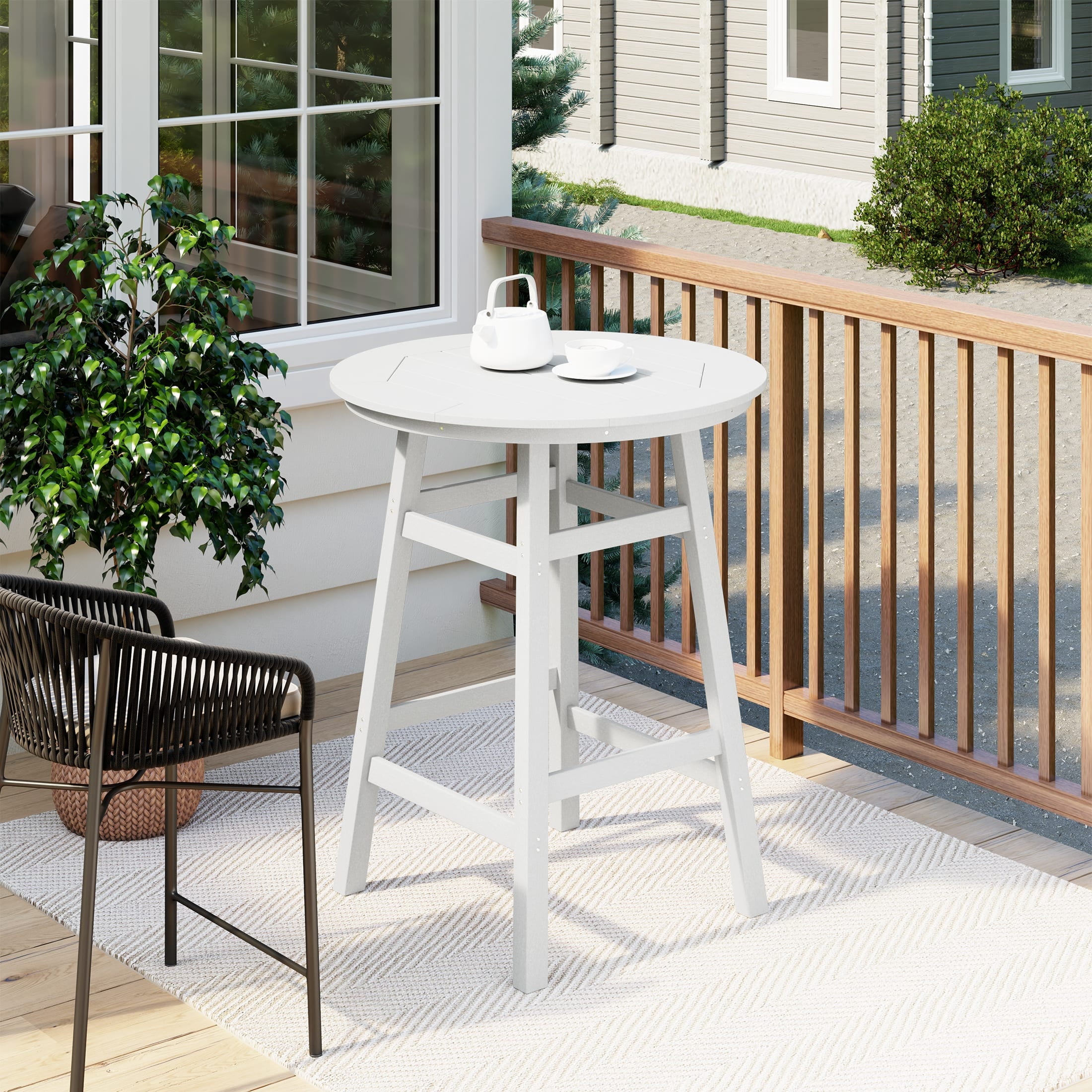 Costaelm Paradise Outdoor HDPE 35" Round Bar Height Patio Table, White ...