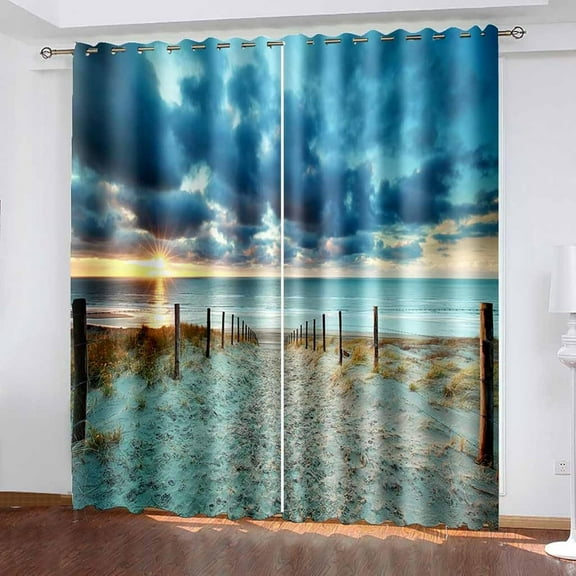 Costal Beach Blackout Curtains Ocean Sunrise Sunset Natural Sky Sea Sand Landscape Print Decor Bedroom Living Room Darkening Grommet Window Drapes 2 Panels Set-42"W x 84"L (Pack of 2)