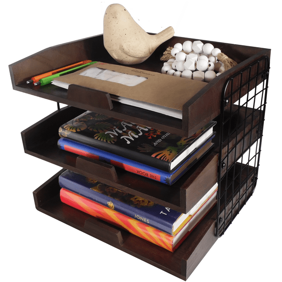Costark Wooden Inbox Tray Desk Organizer, 3-Tier Letter Trays, Stacking File Shelf, Vintage Wood Paper Organizer, Turn-In Basket