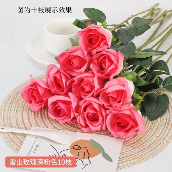 Costeam 10-piece Snow Mountain Style Artificial Silk Rose Bouquet,Realistic Flower with Leaves and Thorns for Home Decor,Floral Accessory