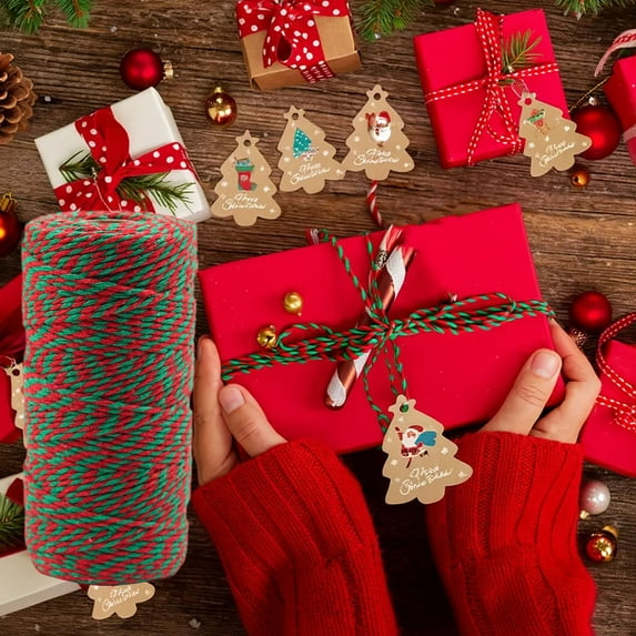 Costeam 110 Yard Red White Christmas Cotton Twine, Natural Craft String for Gift Wrapping Holiday DIY Ornaments Tree Trimming, Festive Supply