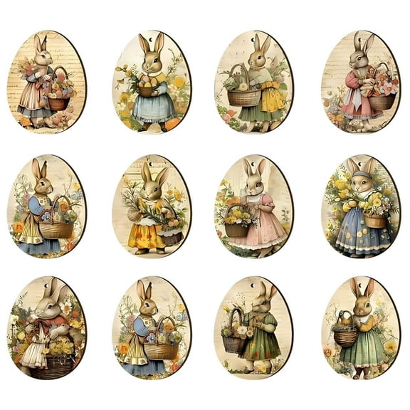 Costeam 12 Pack Wooden Easter Egg Painted Sign，Rustic Hanging Plaque for Home Party and Holiday Decoration
