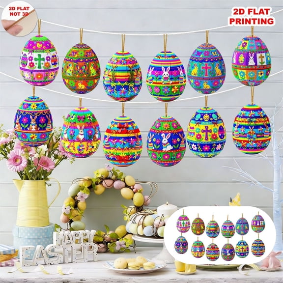 Costeam 12 Pieces Easter Cute Bunny Egg Hangers 2D Wooden Home Ornaments,12PC 2D Wooden Easter Bunny Egg Home Hangers
