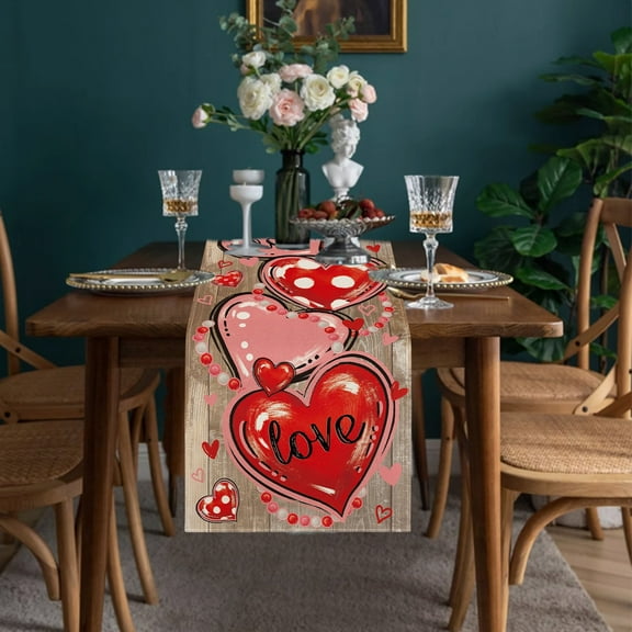 Costeam 13x72In Valentine’s Day Table Runner Super Soft Fabric with Romantic Heart Art Texture for Catering Wedding Kitchen Home Decor