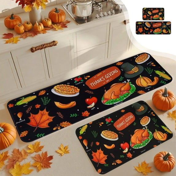 Costeam 2 Pieces Pumpkin Kitchen Mat Autumn Kitchen Rugs Thanksgiving Decorative Door Mats, Home Seasonal Fall Holiday Party Autumn Maple Leaves Harvest Thankful Grateful Floor Mat 15.7x23.6in/55in