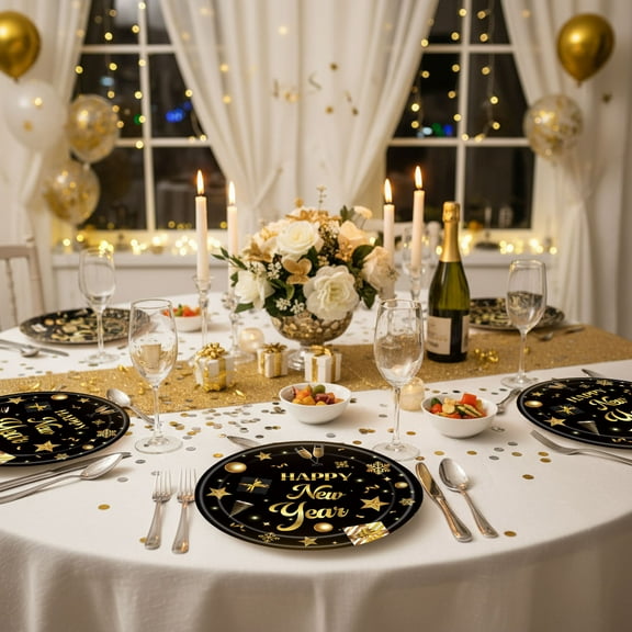 Costeam 20PCS New Year Black Gold Oval Paper Plates Disposable Party Dessert Tableware