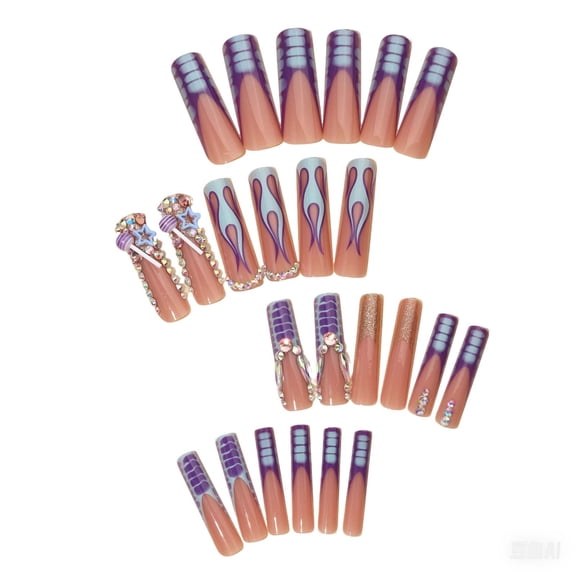 Costeam 24 Counts Long Purple Press On Nails with Lollipop Design,Star Pattern Fake Nails for Western Style Manicure